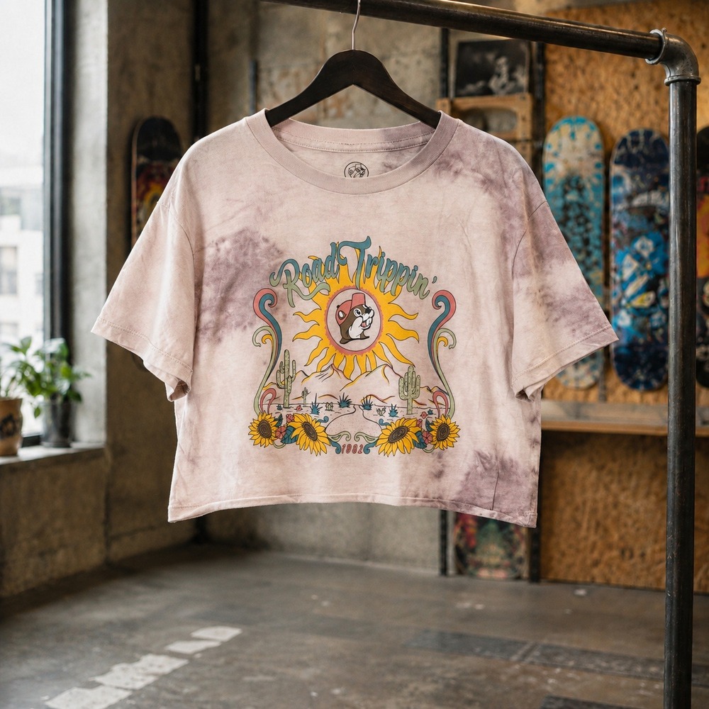 Buc-ees Road Trippin Graphic Cropped Tee Youth Large Brown Tie Dye Boxy Fit
